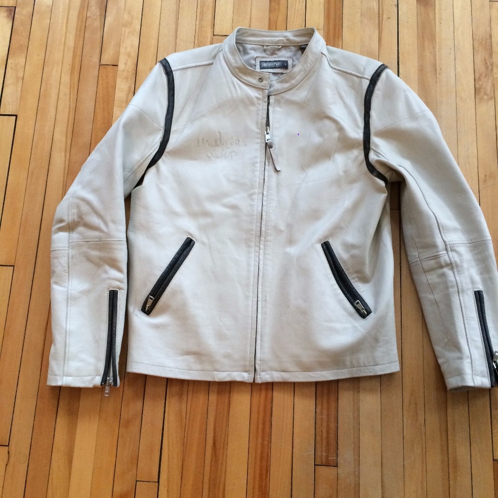 Mens Moto 100% Leather Jacket Ivory White 42 Large